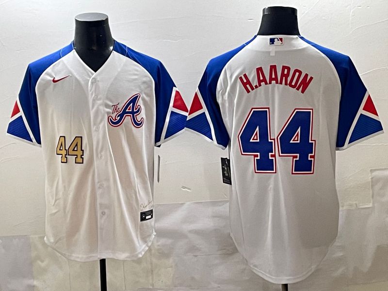 Men 2025 Atlanta Braves #44 H.Aaron White blue City Edition Nike MLB Jersey style 2->atlanta braves->MLB Jersey